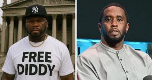 50 Cent wearing a “Free Diddy” shirt during a public appearance, referenced in discussions about symbolism, timing, and narrative control in modern culture.