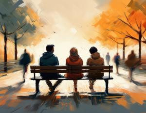 Anxiety is increasingly viewed as a defining challenge of modern life for adults in the United States, according to a recent poll on mental health by the American Psychiatric Association An illustration depicts 3 people sitting outdoors on a park bench with blurred images of other people walking past.