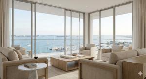 Interior of Luxury condominium residence with waterfront view of bay and marina.