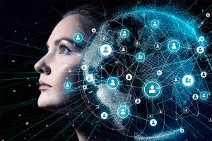 Profile of a woman overlaid with digital network connections and data points, representing AI and human intelligence working together.