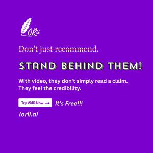 A purple promotional graphic for VidR by LORii. The text "Don't just recommend" is crossed out with a red line, followed by "STAND BEHIND THEM!" in bold, stylized white letters. The image includes the text "With video, they don't just read a claim. They f