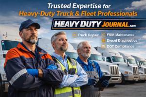 Heavy-duty trucking professionals standing in front of commercial trucks, representing fleet management, diesel repair, and industry expertise.