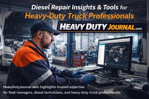 Diesel mechanic working on a computer in a heavy-duty truck repair shop using diagnostic software.