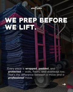 Pink Zebra Moving, a trusted name in Central Indiana relocations, is excited to announce its expansion to serve all of Indiana Pink Zebra Moving branded image showing stacked moving blankets and pink equipment dollies with text "We prep before we lift"