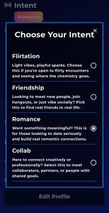 Bente app menu screen titled "Choose Your Intent" displaying four options: Flirtation, Friendship, Romance, and Collab.