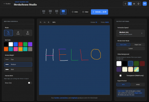 StrokeSense Studio web interface displaying HELLO in multi-colored strokes on dark blue canvas, with writing controls on left, output settings on right, and Animate button in toolbar.