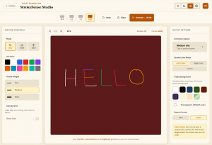 StrokeSense Studio in sepia theme showing HELLO on maroon canvas with warm-toned interface controls.