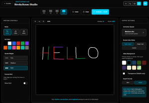 StrokeSense Studio in high contrast theme with cyan accents showing HELLO on black canvas.