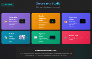 Smart Banner Hub studio selector showing six colorful cards for Typography Studio Pro, Doodle Animation Studio, StrokeSense Studio, Portrait Studio, Signature Studio, and Video E-cards.