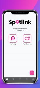 Spotlink mobile app home screen with options to find curb rules or share a departure time, designed for NYC drivers.