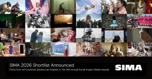 “Wide collage of still images from documentary and narrative films representing diverse people, places, and social issues around the world. The images include activists speaking at protests, families and elders, children, artists, community gatherings, mo
