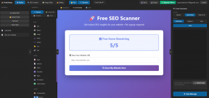 Example of a landing page being created inside the PoshListings Web Builder, featuring a Free SEO Scanner form and call-to-action button.