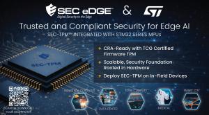 SecEdge and ST logos in white. Body text reads Trusted and Compliant Security for Edge AI. SEC-TPM  INTEGRATED WITH STM32 SERIES MPUs. Bullet 1: CRA-Ready with TCG Certified Firmware TPM, Bullet 2: Scalable, Security Foundation Rooted in Hardware, Bullet 