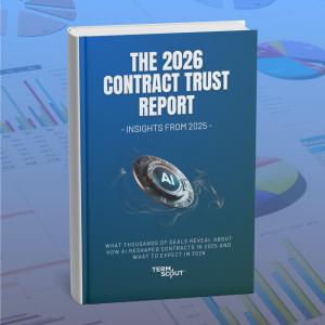 Book cover titled “The 2026 Contract Trust Report” with a blue background and an AI coin graphic, branded with the TermScout logo.