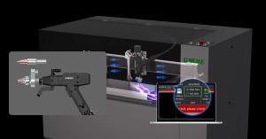Illustration of GWEIKE M Series with fiber and CO₂ laser mode selection and a handheld laser processing tool.