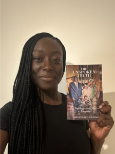Christabel a young Black Ghanaian woman with braids holds her book 'The Unspoken Truth' proudly. On are her parents in West African attire and Christabel as a young girl with her young brother.