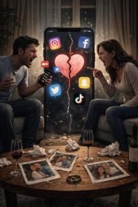 Two people arguing with phone and social media icons