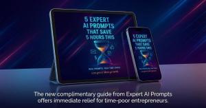 Digital cover of 5 Expert AI Prompts guide on tablet and mobile devices.