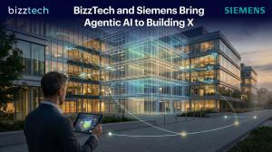 Modern glass office building at dusk with a translucent 3D “digital twin” overlay and subtle data streams, as a facility manager views it on a tablet.