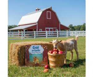 A little goat stands by straw bales with a barn in the distance.