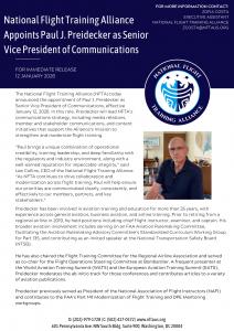 Press release graphic announcing the National Flight Training Alliance’s appointment of Paul J. Preidecker as Senior Vice President of Communications, dated January 12, 2026.