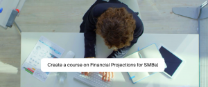 Aerial view of a user typing "Create a course on Financial projections for SMBs" into the Creatium AI interface.