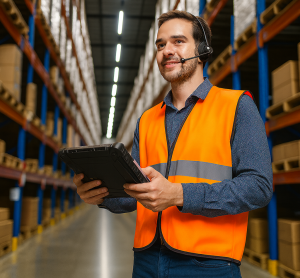 Man in warehouse with headset and tablet