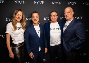 The 4 founders of NYCFF standing on a red carpet at a film festival.