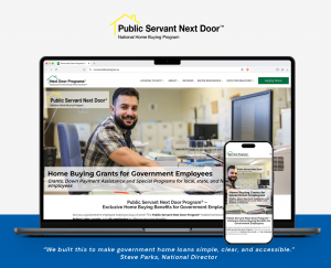Public Servant Next Door® website showing home buying grants and down payment assistance for federal, state, and local government employees on desktop and mobile devices.