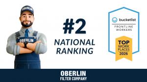 Phil, Oberlin Filter Company's spokescharacter, standing with arms crossed in branded uniform and cap, alongside text reading '#2 National Ranking' and the Bucketlist Frontline Workers Top Workplaces 2026 award badge.