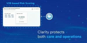 V28-based risk scoring dashboard showing ICD-10 diagnosis codes and a recalibrated patient risk score, illustrating how clearer risk stratification supports both clinical care and healthcare operations.