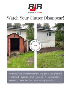 Before and after comparison of a shed demolition project by RJR Demo & Junk.