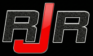 Official RJR Demolition & Junk Removal logo featuring stylized text with a gravel texture and a prominent red 'J' hook on a black background.