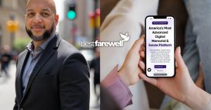 Jay Wilburn, founder of BestFarewell, alongside smartphone showing the BestFarewell digital memorial and estate planning platform interface