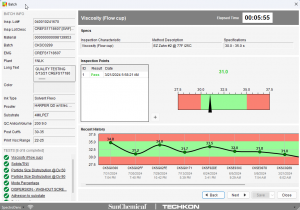 Batch test summary screen showing Batch Info, Viscosity and trends