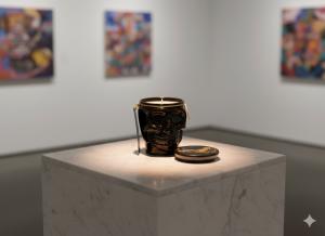 A fine art candle highlighted on a pedestal in a gallery