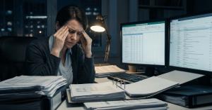 Stressed small business owner working late on administrative tasks.