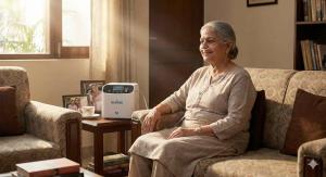 A heartwarming medium shot of an elderly Indian woman smiling peacefully while sitting on a sofa in a sunlit living room. She is wearing a nasal cannula connected to a compact OXYMED oxygen concentrator placed on a side table. The room is warm and bright,
