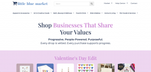 Little Blue Market homepage showing curated products from women-, BIPOC-, LGBTQ+, and veteran-owned small businesses.