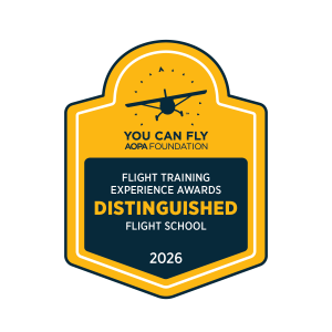 Image of badge awarded by the AOPA for being named a Distinguished Flight School