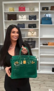 Lena of Goldpawnershop displays the Hermès Birkin 30 Emerald Shiny Niloticus Crocodile she for $38,999 on the Whatnot live stream platform, shattering the record for highest price handbag ever sold on that platform.  Lena buys designer bags from around the world.