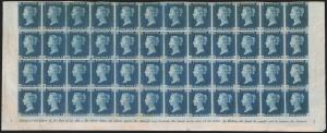 Image of a block of 48 two pence blue stamps from Great Britain, 1840, stamps depicting Queen Victoria