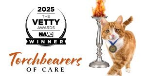 2025 VETTY Awards winner badge with the words “Torchbearers of Care” and a cat wearing a medal standing next to a flaming torch.