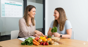 A smiling registered dietitian and a client reviewing fresh ingredients and a meal plan together, representing the integrated nutritional support for eating disorder treatment.