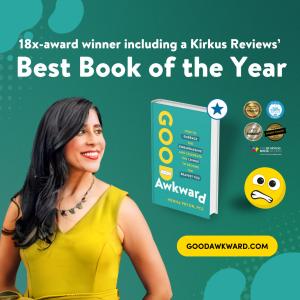 Henna Pryor next to the cover of Good Awkward, with several medals surrounding it.