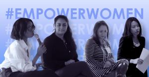 Panel of women leaders speaking on stage at a #EmpowerWomen event, engaged in conversation about leadership, inclusion, and empowering women.