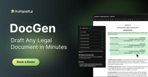 ProPlaintiff DocGen interface showing AI-powered legal document drafting with a subpoena being generated in minutes, featuring task completion checklist and document preview with a Book a Demo button.