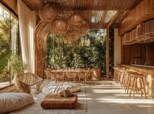 Espacio interior con diseño orgánico, materiales naturales y vista a la selva en un desarrollo residencial de la Riviera Maya.