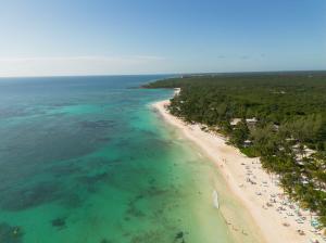 Vista aérea de la costa de la Riviera Maya con playas de arena blanca, mar turquesa y desarrollo urbano de baja densidad.