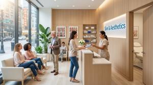 MYTSV Bright, contemporary Skin & Aesthetics clinic lobby with large street-facing windows, clients seated on white sofas, a man standing near the waiting area, and a receptionist at a wooden front desk assisting a woman holding a tablet, with treatment r